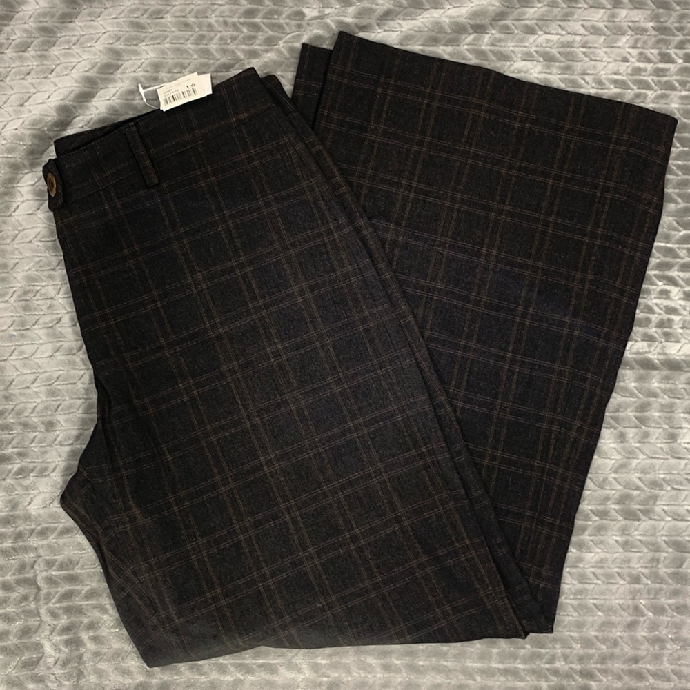 NWT Cabi Dark Charcoal Gray Plaid Wide Leg Mid Rise Trouser Pants Size 16 Long